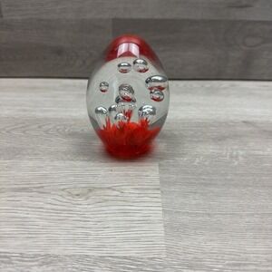 Bullicante Art Glass Paperweight 4" Teardrop Egg Bubbles Red‎ Flowers Decorative